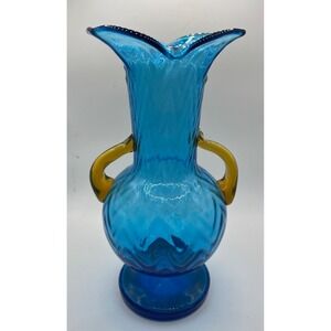 Vintage Empoli Blue Glass Vase with Yellow Handles Ornate Accent Decor
